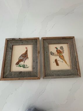 Vintage 1984 Framed Needlepoint Set of Two. Pheasant & Turkey
